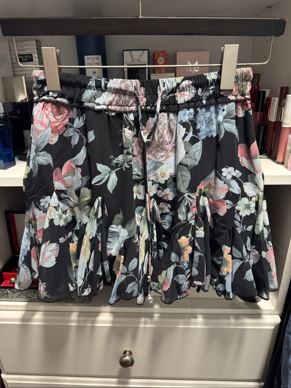 Vici Black Floral Ruffle Skater Skirt with Drawstring